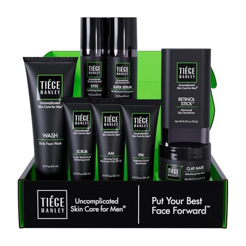 Tiege Hanley Skin Care Set for Men, Rejuvenation Routine, System Level 5, Face Wash, Scrub, Moisturizers, Eye Cream, Serum, Clay Mask, & Retinol Stick for Healthy Skin, Men¡¯s Skin Care, 8 Piece Kit