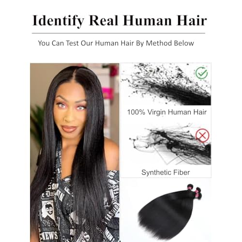 KLAIYI Yaki Straight Bundles Human Hair Weaves Unprocessed Real Virgin Hair Sew In Extensions 3 Bundles 16 18 20Inch, 12A Kinky Straight Double Wefts for Women Cllip In Light Yaki Natural Black Color
