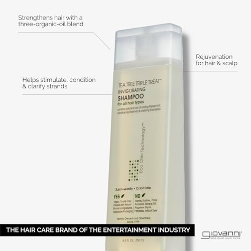 GIOVANNI Tea Tree Triple Treat Invigorating Shampoo - Cooling Peppermint, Eucalyptus & Rosemary, Strengthen & Rejuvenate Hair & Scalp, Salon Quality, Paraben Free, Tea Tree Shampoo - 24 oz (Pack of 2)