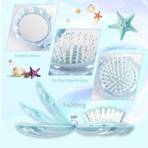 Metallic Shinning Finish Foldable Travel Hair Brushes with Mirror Shell Shape Portable Folding Pocket Hairbrush Mini Hair Comb Purse Compact Size Hair Massager (Blue)