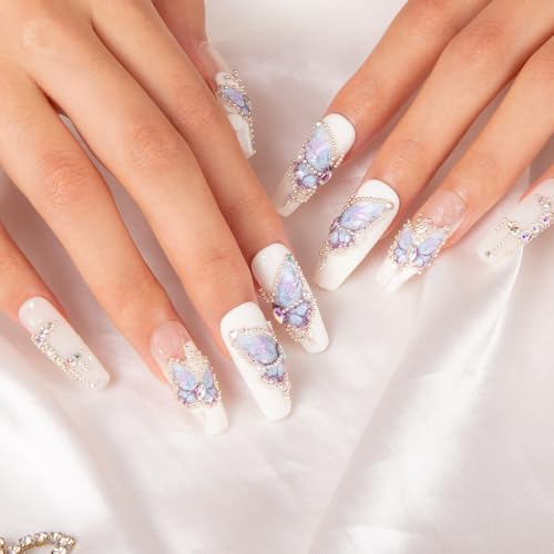 LOVFUL Press on Nails Holly Blue | Handmade with Full Covered Crystals | Reusable Fake Nails | Coffin Classic Regular 1.3 in | H23-M