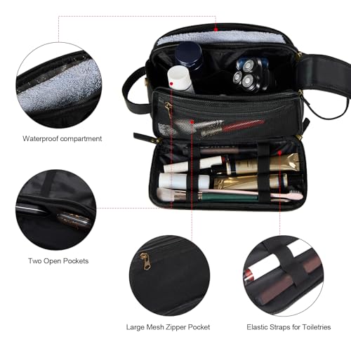 Toiletry Bag for Men, Full Grain Leather Travel Pouch Shaving Dopp Kit Bathroom Toiletries Organizer Bags, Black
