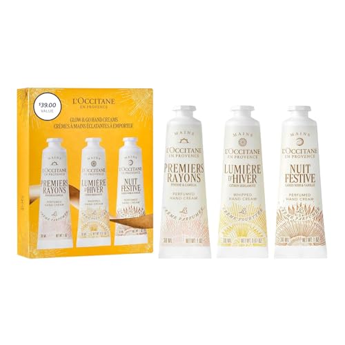 L¡¯Occitane Glow & Go Hand Cream Trio, Holiday Beauty Gift Set, Peony, Lemon & Vanilla, Hydrates & Softens Dry Skin, Travel-Sized Moisturizing Minis