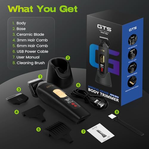 Electric Body Hair Trimmer for Men - Multi-Angle Ceramic Blade with LED Screen & 7000RPM Adjustable Speed, IPX6 Waterproof Pubic/Ball/Groin Shaver Kit, USB/Dock Charging, 90min Runtime, Box