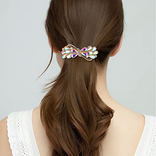 EVER FAITH Wedding Austrian Crystal Barrette Clip, Rhinestone Waterdrop Bowknot Hair Accessories for Women Iridescent AB Gold-Tone