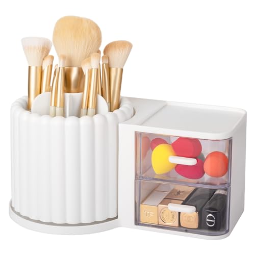 Anyoifax 360 Rotating Makeup Brush Holder 7 Slots Makeup Organizer with Drawer Removable Spinning Cosmetic Storage Pen Holder for Vanity, Dresser, Desk, White