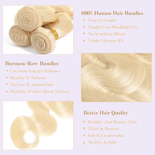 Blonde Body Wave Bundles Human Hair 18 20 22 Inch 15A 613 Bundles Human Hair,Sew In Quick Weave Body Wave Bundles 100% Real Human Hair Extensions Tangle Free Shedding Free Triple Lifespan