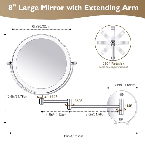 Wall?Mounted LED Makeup Mirror 1¡¿/15¡¿ Magnifying ? USB Rechargeable, 3?Color Touch?Dim Light, 360¡Æ Swivel 8¡± Double Sided, 2000?mAh Battery, Ideal for Hotel & Bathroom