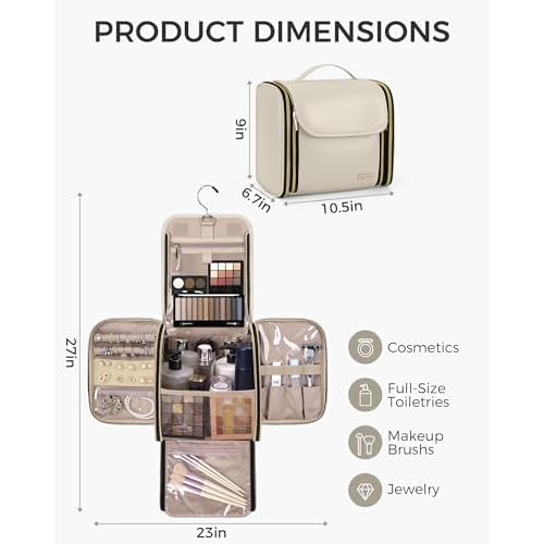 Hanging Toiletry Bag, PU Leather Makeup Bag Large Capacity with Jewelry Organizer for Brushes Set, Cosmetic Accessories, Beige