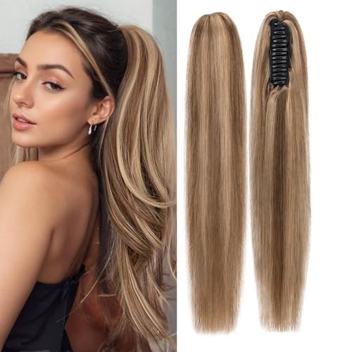 Rich Choices Claw Clip Ponytail Extension Real Human Hair One Piece Clip In Remy Long Ponytail Hair Extension For Women Human Pony tail#4P27 Medium Brown Highlighted Dark Blonde 22 Inch