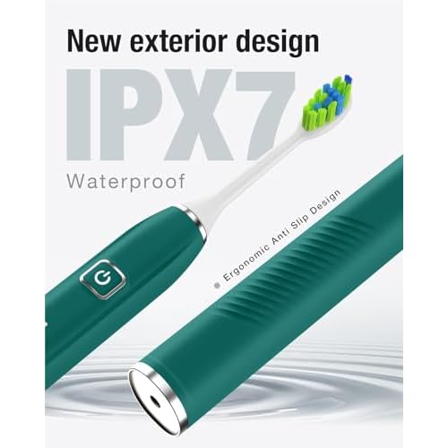 7AM2M Ultrasonic Electric Toothbrush with 6 Brush Heads for Adults&Kids, One Charge for 120 Days, Type-C Charge, 5 Modes, 40000VPM Powered Toothbrush, 2 Minutes Built in Smart Timer (Peacock Green)