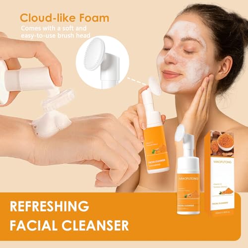 Turmeric Wash and Care 2 Piece Set ? 2 bottles turmeric face wash with brush + 3 Pack Cleansing Soap Bars for Face and Body, Turmeric Face Wash and Soap Combo for All Skin Types