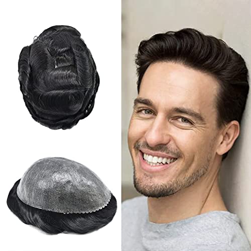 US Toupee For Men Full Poly Skin Hair Systems Real Human Hair Pieces Men Hair Replacement System Transparent Thin Skin Mens Toupee.(8''x10''-110% Light to Medium Density, 1# Jet Black)