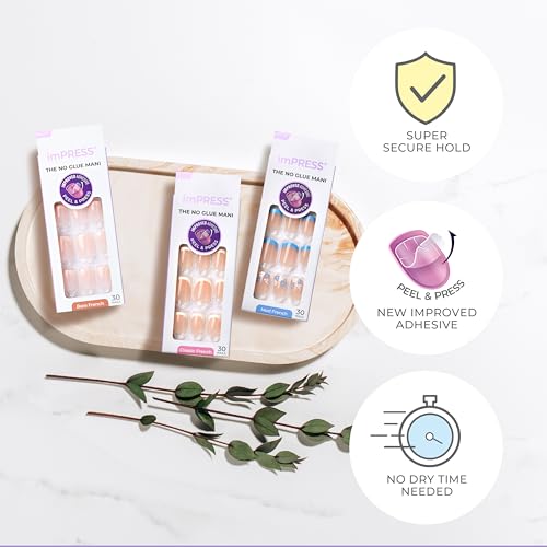 KISS imPRESS No Glue Mani Press On Nails, French, 'Model', White, Short Size, Squoval Shape, Includes 30 Nails, Prep Pad, Instructions Sheet, 1 Manicure Stick, 1 Mini File