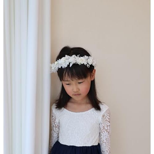 White Flower Girl crown Brides Baby's Breath Headpiece Floral Hair Wreath Hair Accessories Headband for Child(43cm)