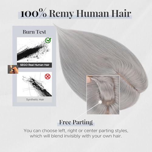 Human Hair Topper for Women with Thinning Hair, 4 Clips, Silk Base 3.94x4.72, No Front Bangs, 14 Inches Lengths, Grey Color, Achieve a Fuller, More Youthful Appearance