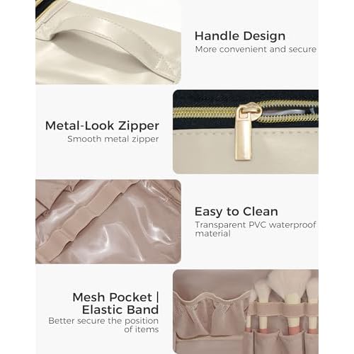Hanging Toiletry Bag, PU Leather Makeup Bag Large Capacity with Jewelry Organizer for Brushes Set, Cosmetic Accessories, Beige