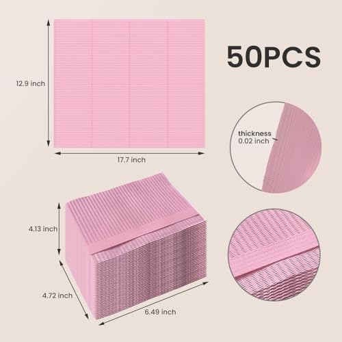 Disposable Nail Mats 50Pcs Non-Slip Fordable Nail Paper Towels for Manicure Salon Home 3 Ply Waterproof Adult Disposable Bibs for Dentist, Nail Techs, Patient Hygiene, Tattoo (Pink)