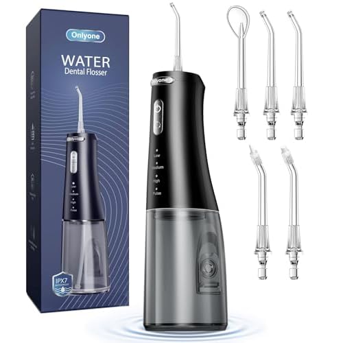 Onlyone Water Dental Flosser, 300ML Portable Oral Irrigator for Teeth, 4 Modes and 5 Jet Tips,Rechargeable Irrigation Cleaner,Electric Flossing Machine Power Flossers & Irrigator Accessories Black