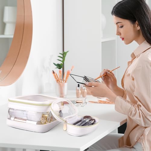 Clear Makeup Bag, Travel Cosmetic Case Toiletry Bag, Make up Organizer for Women, Portable Car Organizer Bag Fit Carry-on Travel Essentials (White)