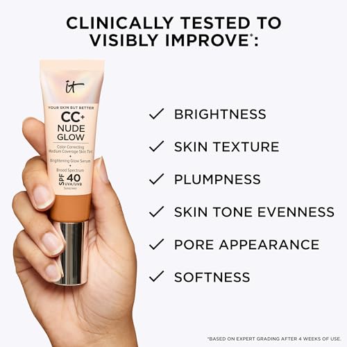 IT Cosmetics CC+ Nude Glow - Medium Coverage Foundation with SPF 40 & Brightening Glow Serum, Lightweight Skin Tint, 2% Niacinamide + Hyaluronic Acid, Up to 24H Hydration, Normal/Dry Skin - 1.08 fl oz