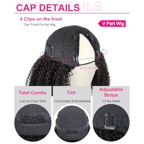 V SHOW Glueless Wigs V Part Wig Human Hair Afro Curly Wig No Leave Out Thin Part Human Hair for Beginner Friendly 180% Density Upgrade Upart Kinky Curly Wigs 20Inch