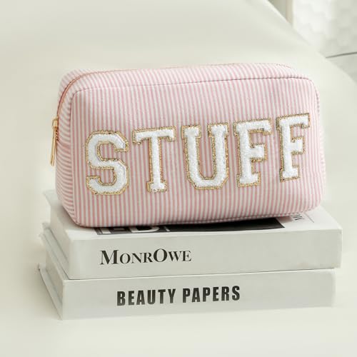 uekeboag Seersucker Chenille Letter Stuff Meds RX Makeup Bag, Travel Washable Purse Organizer with Zipper, Lightweight Toiletry Cute Personalized Preppy Cosmetic Bag For Women and Girls(3pcs Pink)