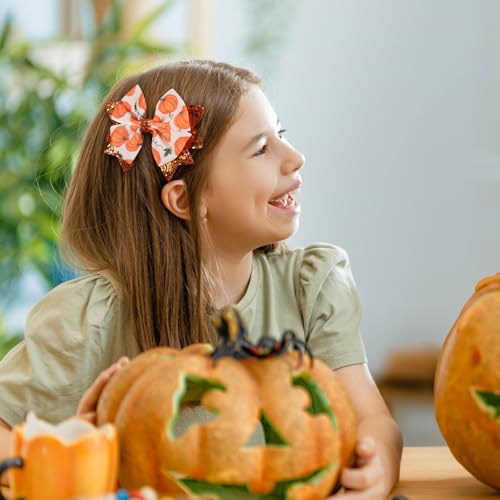 Happy Fall Thanksgiving Pumpkin Hair Bows Clips for Girls, 2pc 3.5" Glitter Orange Ribbon Bowknot Alligator Barrettes Hairpins Teens Toddlers Halloween Dress Outfit Decor Accessory Gift