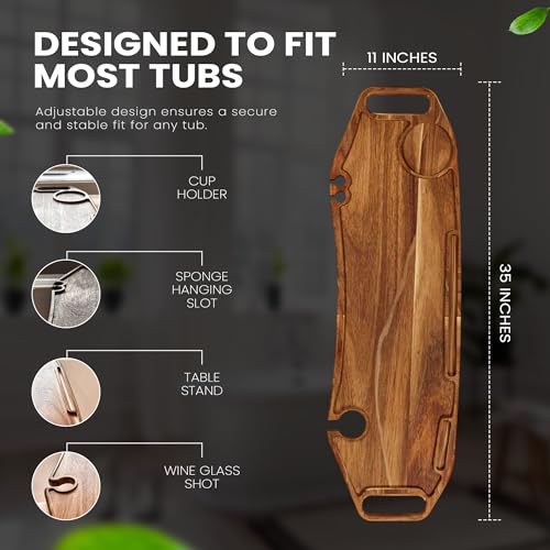 Lush & Style Premium Bathtub Tray Large & Thick 35¡± x 10``, Acacia Wood Luxury, Waterproof, Non-Toxic, Adjustable Legs, No Tools Required,Caddy Tray, Luxury Bath Accessories