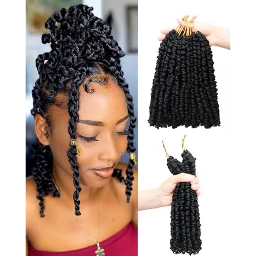 Passion Twist Crochet Hair for Black Women-10 Inch 8 Packs Natural Black, Pre Looped Pretwisted Hair Extensions,Braided by Synthetic Spring Kinky Twist Bohemian Curl(10"-8P,1B)