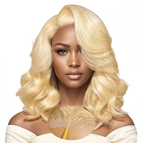 613 Lace Front Wig Human Hair 7¡¿5 Glueless Blonde Body Wave Lace Front Wigs Human Hair Pre Plucked Pre Cut 180% Density Wear And Go Blonde Short Bob Wigs For Women 14inch
