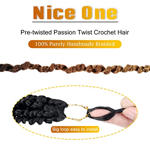 Nice One Pre-Twisted Passion Twist Hair 12 Inch, Passion Twist Crochet Hair for Women 8 Packs Ombre Brown Pre-Looped Passion Twists Braiding Hair Extensions (12 Inch (Pack of 8), T1B/30/27)