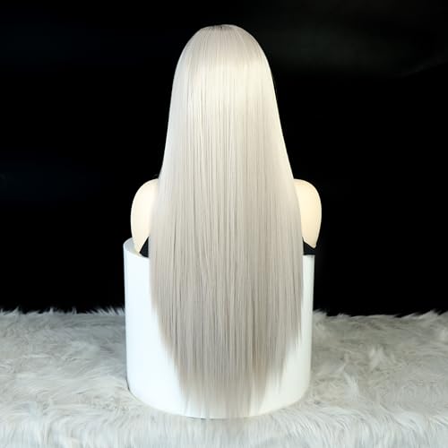 Synthetic Lace Front Wigs For Women Silver Grey Free Part Long Straight Glueless Heat Resistant Fiber Hair Cosplay Party Wigs