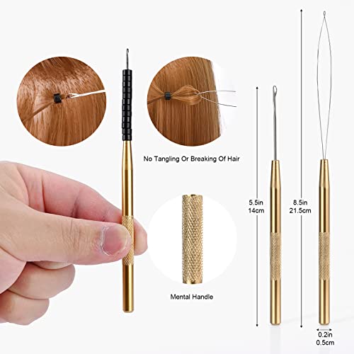 EHDIS Hair Extension Beading Tool Kit Stainless Steel Hair Extensions Micro link Bead Closer and Remover Pliers set, Beads Hair Pulling Hook & Micro Ring Loop Tool Set (Gold)