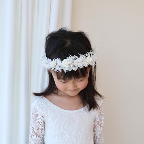 White Flower Girl crown Brides Baby's Breath Headpiece Floral Hair Wreath Hair Accessories Headband for Child(43cm)