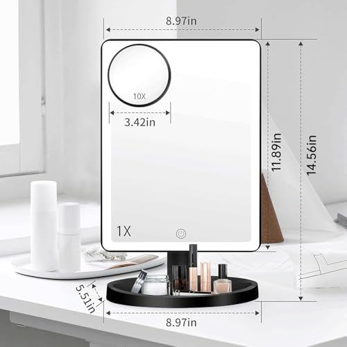 FUNTOUCH Large Lighted Makeup Mirror with Lights, 3 Color Lighting Modes Light Up Mirror with 88 LED, 10X Magnification and 360¡Æ Rotation Touch Screen Tabletop Cosmetic Vanity Make Up Mirror (Black)