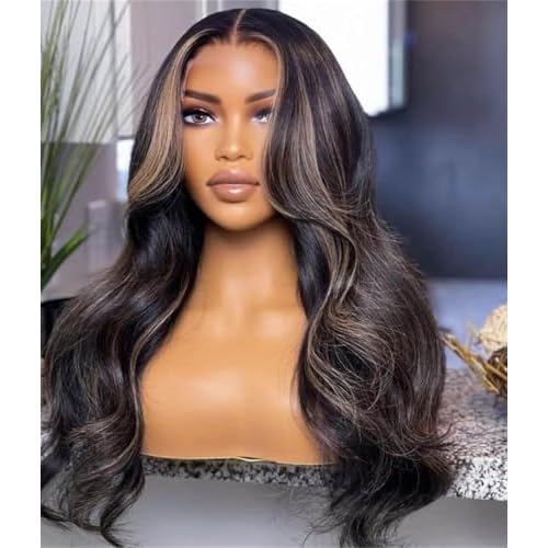 Rina Upgrade Black with Brown Blonde Highlight Wig Human Hair 210% Density 13x4 HD Body Wave Luxury Balayage Blonde Highlight Wig 12A Grade Raw Hair Pre Plucked Ombre Lace Front Wig for Women 26 Inch