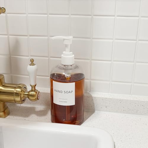 Soap Dispenser with Waterproof Labels, Thickened Plastic Hand Soap Dispenser for Bathroom, Kitchen Dish Washing Liquid Bottles, Shampoo and Conditioner Bottles (16.9 oz, Set of 2, Clear)