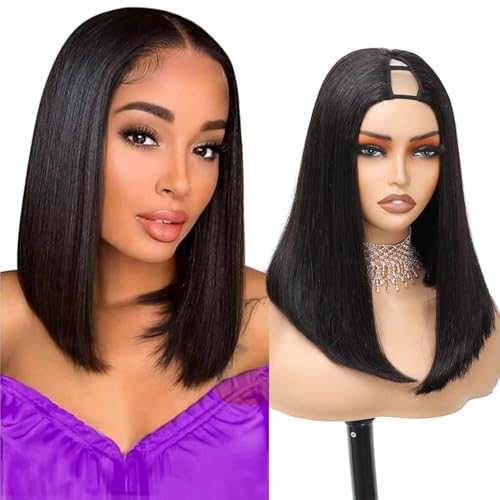 V Part Wig Human Hair Bob Wig 14inch Brazilian Remy Hair Short Bob Human Hair Glueless Wig Upart Bob Wigs For Black Women Upgrade U Part Wig No Sew in No Glue Natural Black Color