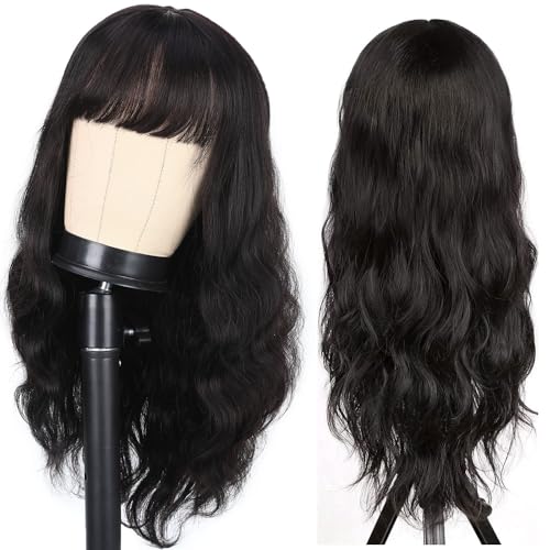 Fancy Hair Natural Wavy Human Hair Wig with Bangs Lace Middle Part Glueless Body Wave Brazilian Virgin Human Hair Wigs with Bangs for Black Women Natural Black 20 inches