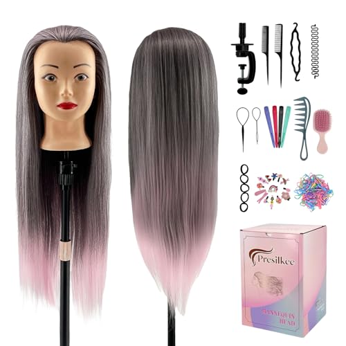 28" Cosmetology Mannequin Head With Hair - Doll Head For Hair Styling | wig Mannequin Head For Braiding, Cutting & Styling Practice | Includes Free Wig Stand & Hair Tools Set (Dark Pink)