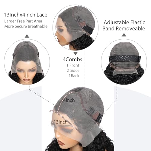 4C Edges Kinky Curly Lace Front Wigs Human Hair 13x4 HD Transparent Lace Frontal Wigs with Curly Edges Baby Hair 200% Density Deep Wave Curly Wig Pre-Plucked Hairline (18Inch Natural Black)