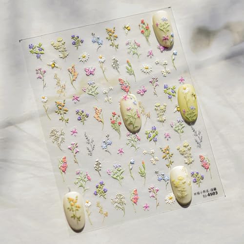 JMEOWIO 3D Embossed Flower Nail Art Stickers Decals Self-Adhesive 5D Spring Summer Floral Nail Supplies Nail Art Design Decoration Accessories 1 Sheets