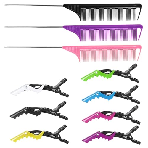 10Packs Rat Tail Comb Hair Clips Set£¬3Pcs Rat Tail Combs£¬Parting Comb and 7Pcs Alligator Styling Sectioning Clips of Professional Hair Salon Quality(Black,Purple,Pink)