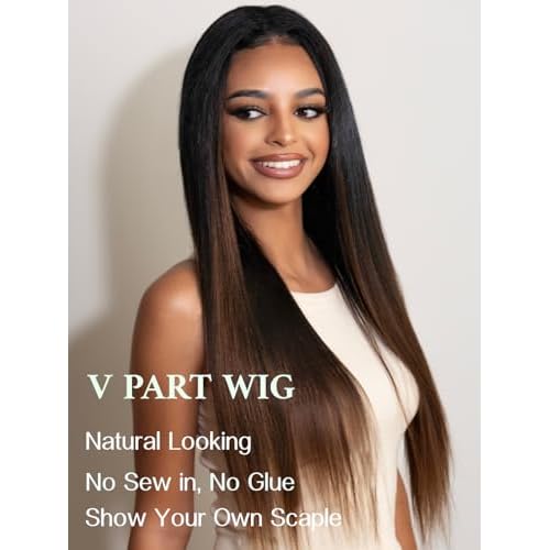 Julia Hair V Part Yaki Glueless Human Hair Wig Seamless Edge Clip in Half Wig Vpart Wigs No Sew in No Glue Ombre Chestnut Brown Upgrade U Part No Leave Out Beginner Friendly 22 Inch