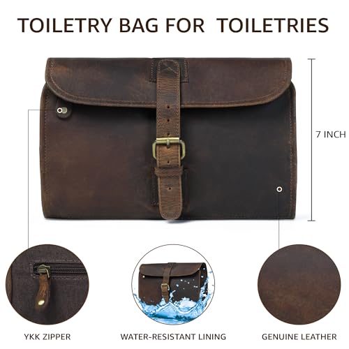 LEATHER VILLAGE Hanging Leather Toiletry Bag for Men & Women, Handcrafted Vintage Cosmetic & Shaving Organizer Travel Dopp Kit Shower Bag - Brown