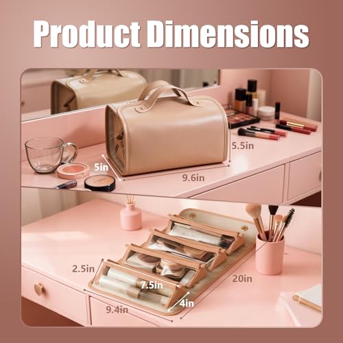 Large Foldable Hanging Toiletry Bag for Women, 4-in-1 Waterproof Makeup bag, Cosmetic Bag with Detachable Interior Pockets, Ideal for Women Travel Essentials(Brown)