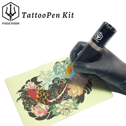 POSEIDON Cordless Rotary Tattoo Machine Kit with 20 Tattoo Cartridge Needles, Ink Set & 2 Rechargeable Batteries | Professional Portable Tattoo Gun for Beginners | Complete Starter Supplies(HM124)