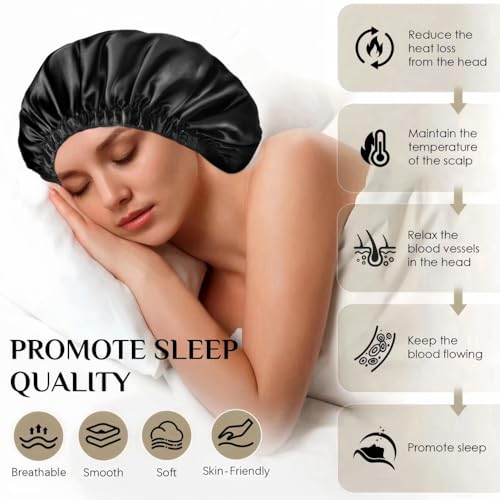 Satin Bonnet Silk Bonnet for Sleeping Women and Men, Ajustable Hair Bonnet for Curly Hair with Double Layer Hair Bonnet,Black - Black,Medium