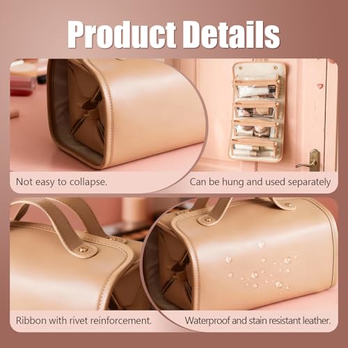 Large Foldable Hanging Toiletry Bag for Women, 4-in-1 Waterproof Makeup bag, Cosmetic Bag with Detachable Interior Pockets, Ideal for Women Travel Essentials(Brown)